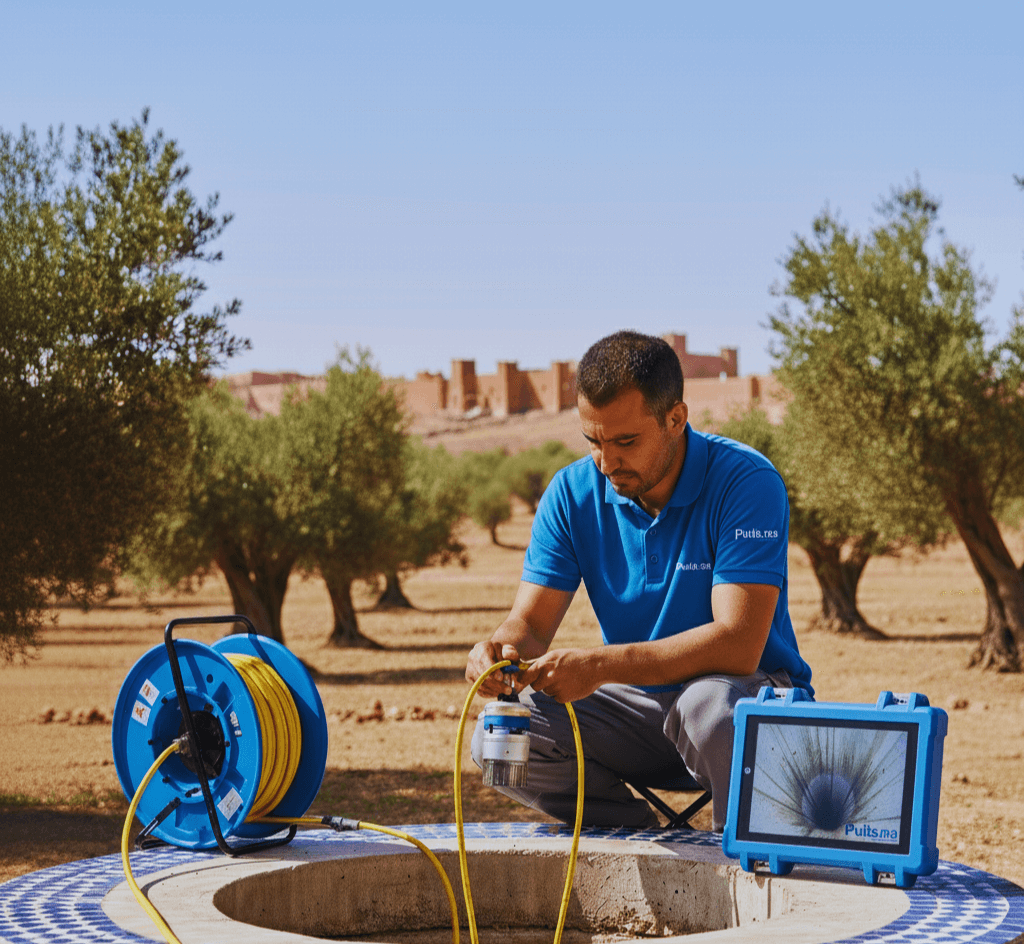 Technicien préparant l'équipement d'inspection de puits par caméra au Maroc